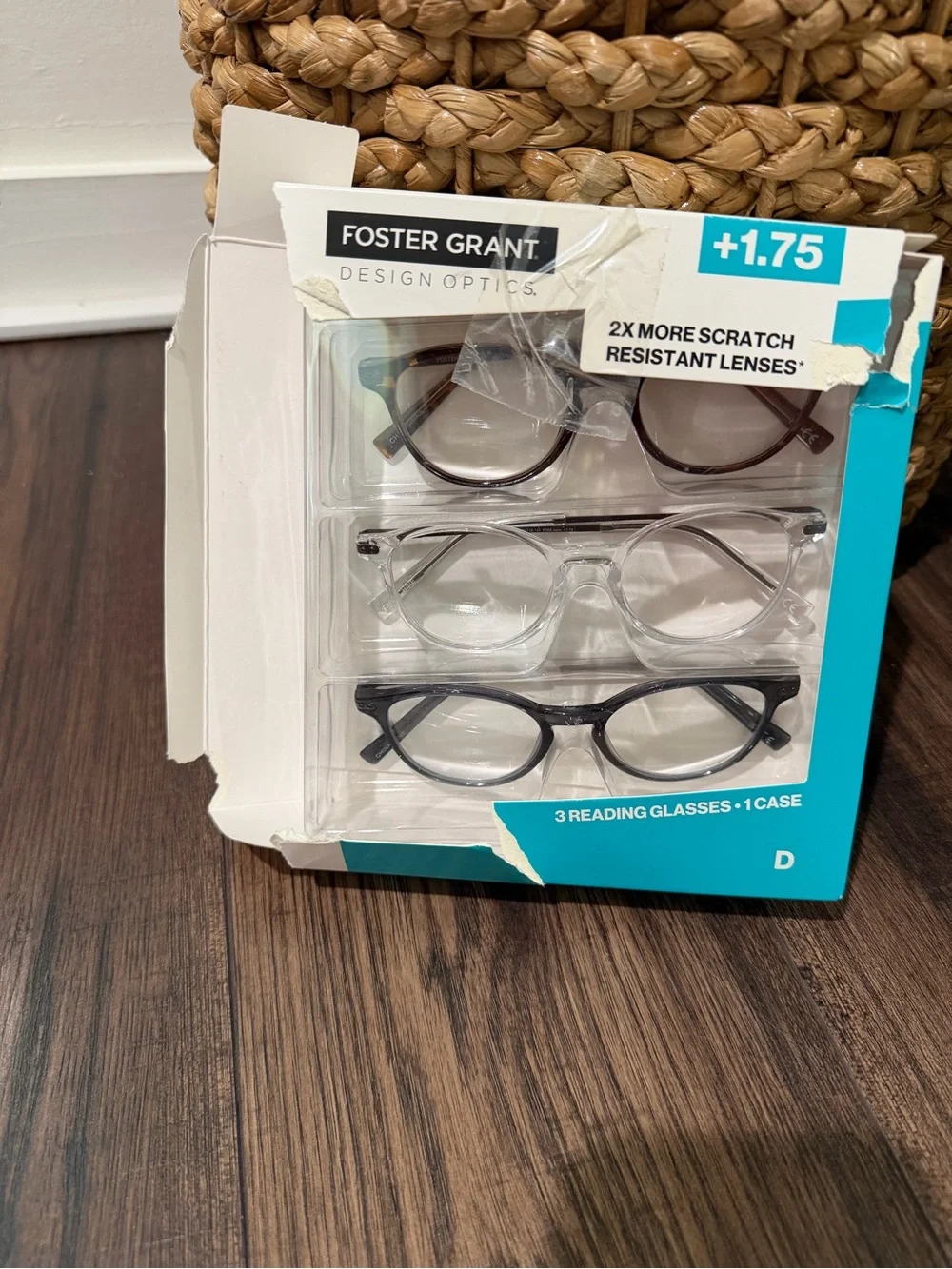 Foster Grant +1.75 D Reading Glasses 3-Pack in Brown, Clear & Black new